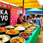 **

A vibrant Dhaka food festival scene.  A mix of traditional and modern foods are on display:  biryani alongside fusion sushi made with biryani.  People of all ages are enjoying the festival, with children running around food stalls and adults sampling different dishes.  Focus on the textures and colors of the food and the lively atmosphere.

**
