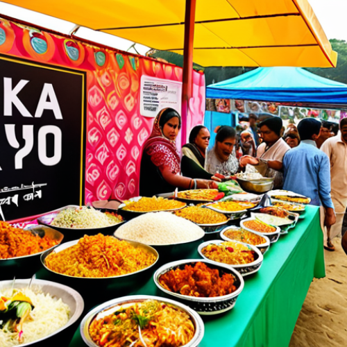 Home 4 **
A vibrant Dhaka food festival scene. A mix of traditional and modern foods are on display: biryani alongside fusion sushi made with biryani. People of all ages are enjoying the festival, with children running around food stalls and adults sampling different dishes. Focus on the textures and colors of the food and the lively atmosphere.
**