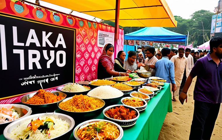 **
A vibrant Dhaka food festival scene. A mix of traditional and modern foods are on display: biryani alongside fusion sushi made with biryani. People of all ages are enjoying the festival, with children running around food stalls and adults sampling different dishes. Focus on the textures and colors of the food and the lively atmosphere.
**