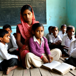 **A crowded, dilapidated village school classroom in Bangladesh. Children in worn clothing sit on the floor, sharing textbooks. A single, tired-looking teacher stands at the front. Emphasis on poverty and lack of resources.**