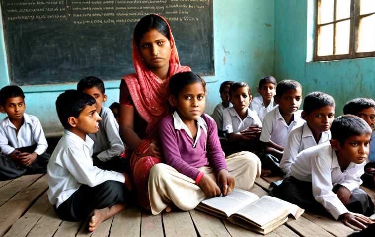 **A crowded, dilapidated village school classroom in Bangladesh. Children in worn clothing sit on the floor, sharing textbooks. A single, tired-looking teacher stands at the front. Emphasis on poverty and lack of resources.**