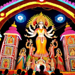 A magnificent Durga Puja pandal, exquisitely decorated with intricate lighting and thematic installations, enshrining a beautifully crafted Durga idol. People in colorful traditional Bengali attire gather, their faces reflecting devotion and joy. The scene captures the rich artistry and vibrant spiritual essence of the festival, highlighting the grandeur of the goddess and the festive ambiance.