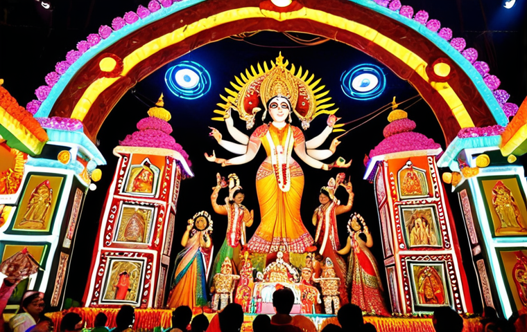 A magnificent Durga Puja pandal, exquisitely decorated with intricate lighting and thematic installations, enshrining a beautifully crafted Durga idol. People in colorful traditional Bengali attire gather, their faces reflecting devotion and joy. The scene captures the rich artistry and vibrant spiritual essence of the festival, highlighting the grandeur of the goddess and the festive ambiance.