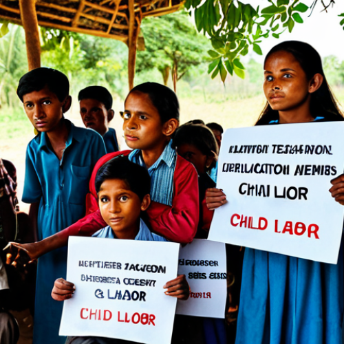 **

A group of diverse people (teachers, NGO workers, community members) at a village meeting, discussing the importance of education and the dangers of child labor. They are holding posters with slogans against child labor. The scene is brightly lit with a warm, hopeful atmosphere. Fully clothed, professional attire, modest, safe for work, appropriate content, perfect anatomy, natural proportions.

**