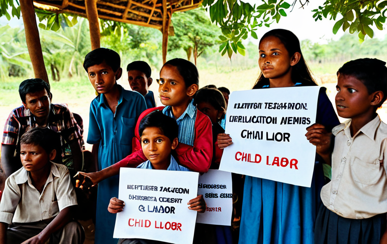 **

A group of diverse people (teachers, NGO workers, community members) at a village meeting, discussing the importance of education and the dangers of child labor. They are holding posters with slogans against child labor. The scene is brightly lit with a warm, hopeful atmosphere. Fully clothed, professional attire, modest, safe for work, appropriate content, perfect anatomy, natural proportions.

**