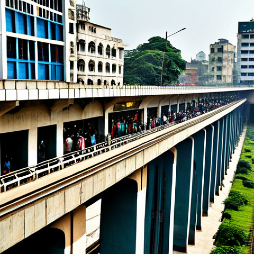 방글라데시의 도시 개발 프로젝트 - **Image Prompt:** "A bustling Dhaka cityscape featuring a modern flyover seamlessly integrated with ...