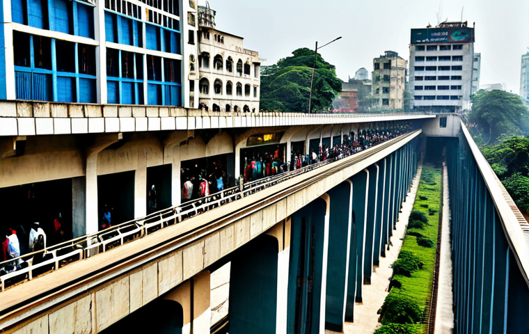 방글라데시의 도시 개발 프로젝트 - **Image Prompt:** "A bustling Dhaka cityscape featuring a modern flyover seamlessly integrated with ...