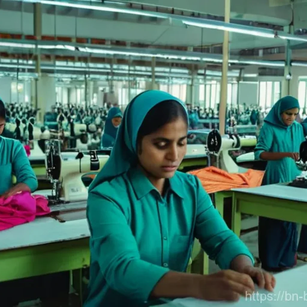 방글라데시와 세계 경제의 연결점 - **Prompt:** A bustling, modern garment factory in Bangladesh, showcasing a diverse group of male and...