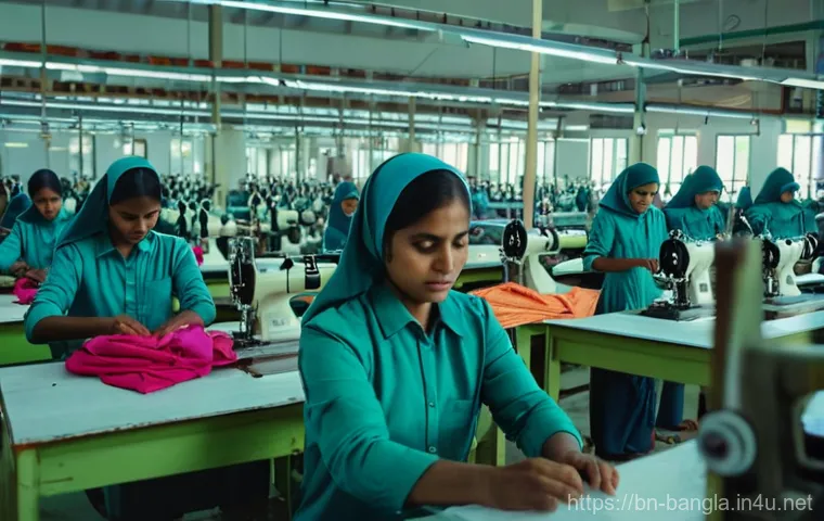 방글라데시와 세계 경제의 연결점 - **Prompt:** A bustling, modern garment factory in Bangladesh, showcasing a diverse group of male and...