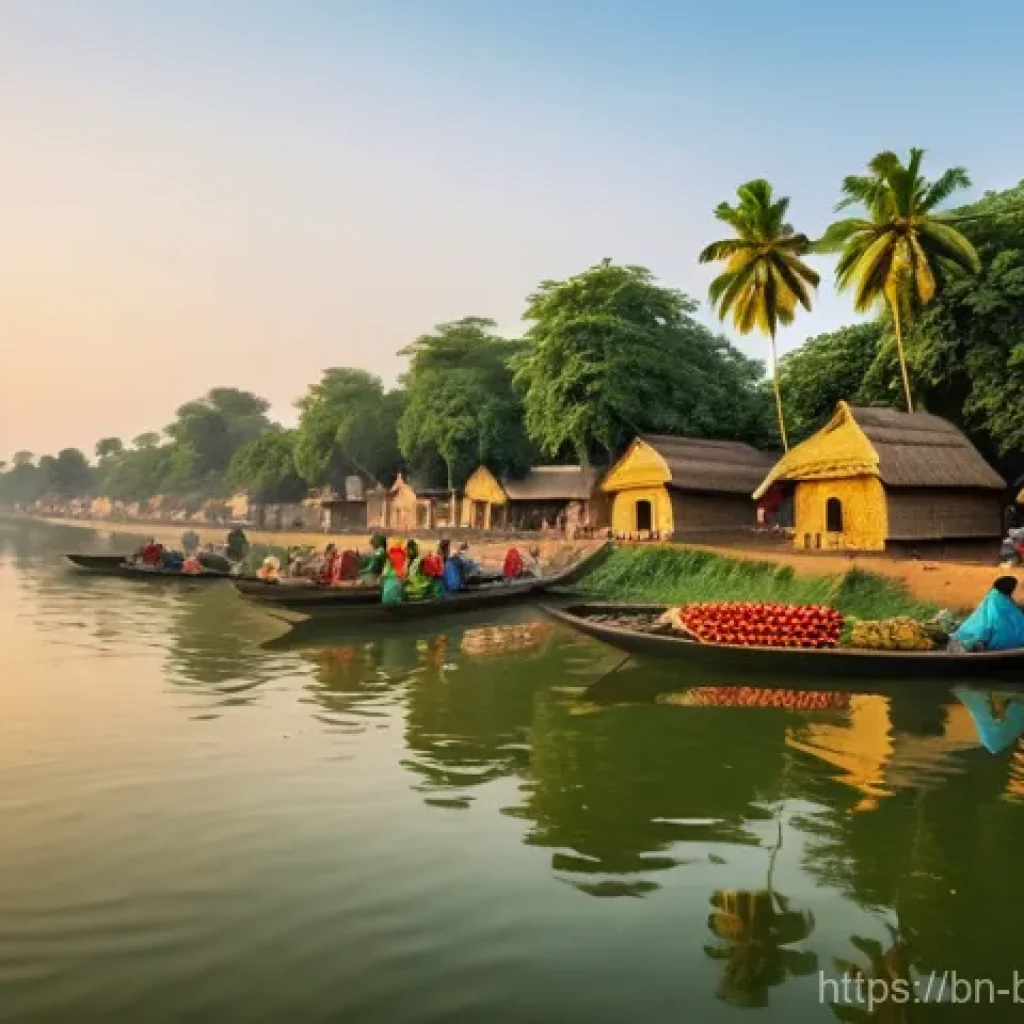 방글라데시의 도시 개발 역사 - **Prompt:** A vibrant ancient riverine settlement in Bengal during the golden hour. The scene featur...