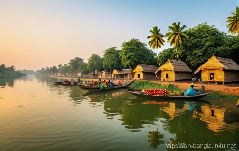 방글라데시의 도시 개발 역사 - **Prompt:** A vibrant ancient riverine settlement in Bengal during the golden hour. The scene featur...
