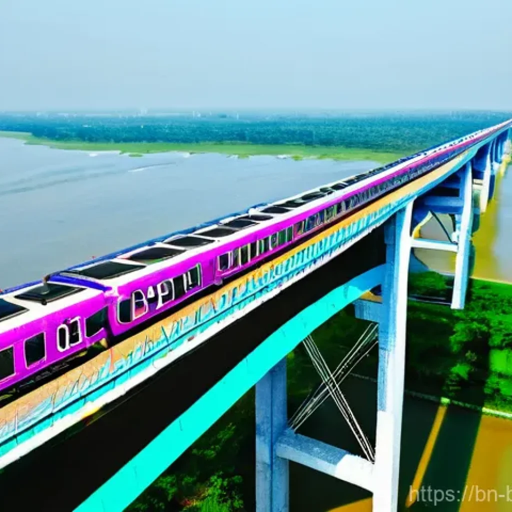방글라데시와 중국의 경제 협력 - **Prompt:** A vibrant, bustling scene depicting the "Padma Bridge Rail Link" in Bangladesh. The focu...