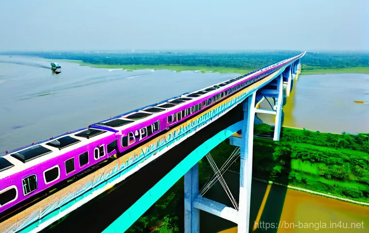 방글라데시와 중국의 경제 협력 - **Prompt:** A vibrant, bustling scene depicting the "Padma Bridge Rail Link" in Bangladesh. The focu...