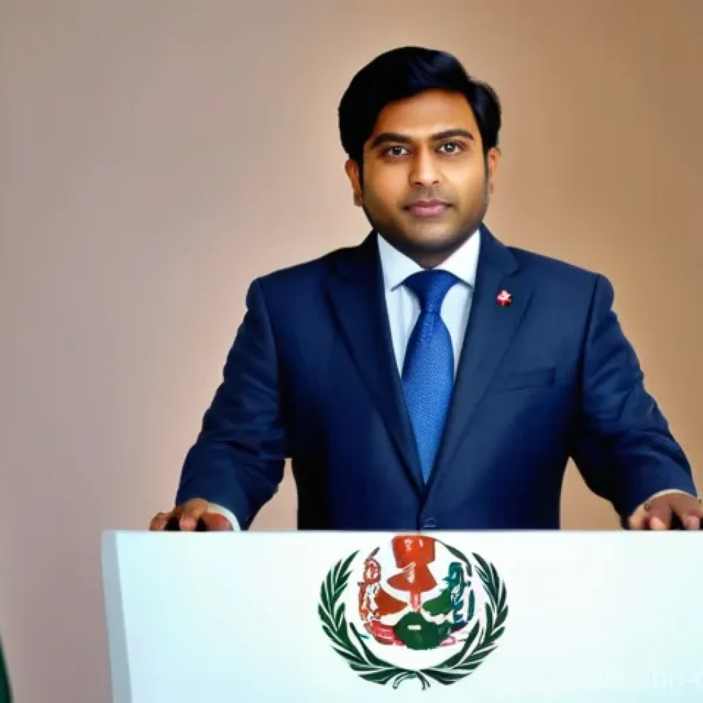 방글라데시의 국제 기구 참여 - **Prompt:** A dynamic and inclusive international conference setting. A Bangladeshi diplomat, dresse...