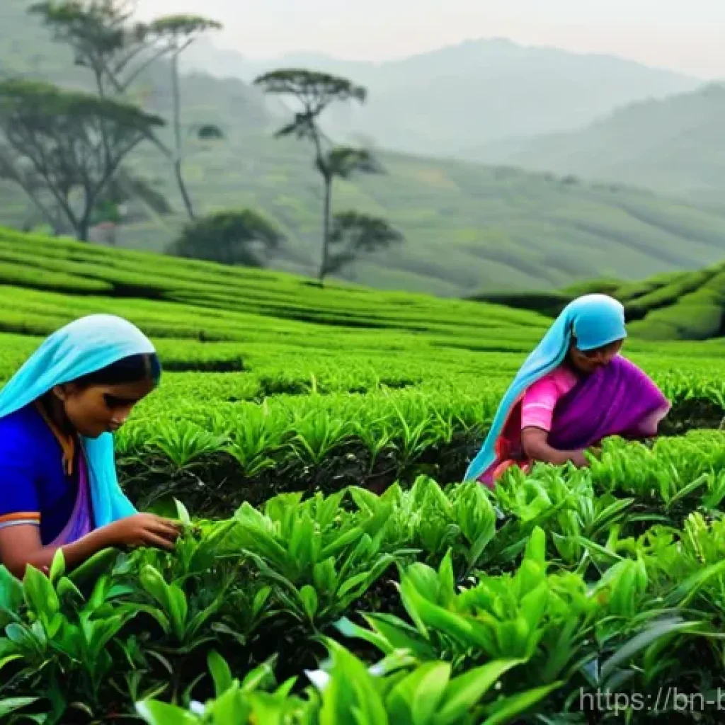 방글라데시 홍차 농장 체험 - **Prompt:** "A serene and industrious morning scene in a vast tea garden. Several female tea pickers...