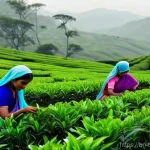 방글라데시 홍차 농장 체험 - **Prompt:** "A serene and industrious morning scene in a vast tea garden. Several female tea pickers...