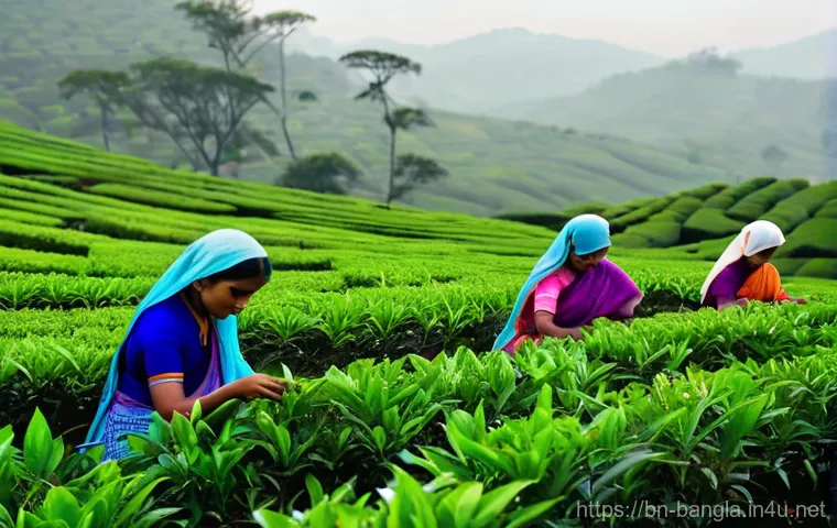 방글라데시 홍차 농장 체험 - **Prompt:** "A serene and industrious morning scene in a vast tea garden. Several female tea pickers...