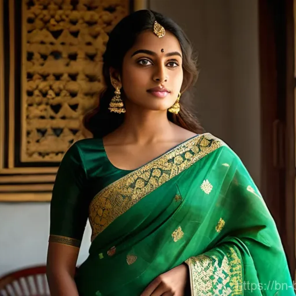 방글라데시 기념품 구매 추천 - A graceful Bangladeshi woman, in her late 20s, elegantly draped in a vibrant, intricately woven Jamd...