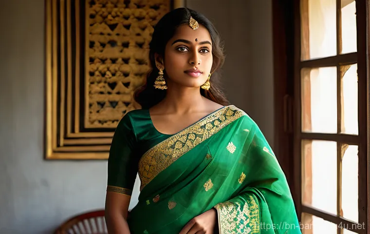 방글라데시 기념품 구매 추천 - A graceful Bangladeshi woman, in her late 20s, elegantly draped in a vibrant, intricately woven Jamd...