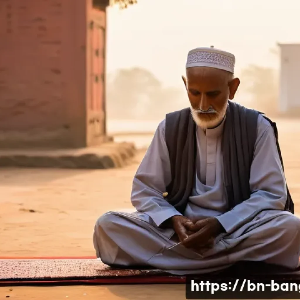 방글라데시 이슬람 문화 - **"A tranquil morning scene in a Bangladeshi village, bathed in the soft, golden light of dawn. The ...