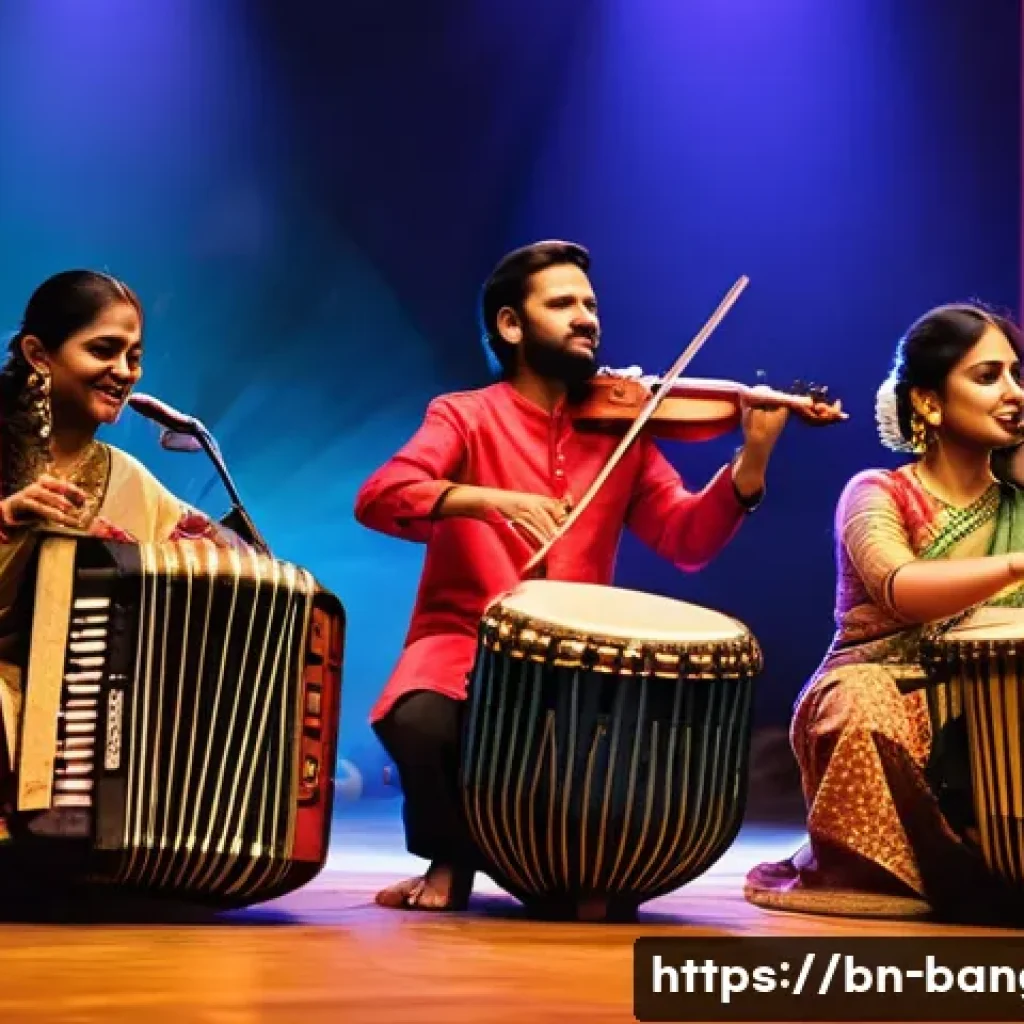 방글라데시 대중음악 - **"A vibrant and energetic fusion music concert scene. On stage, a diverse group of talented Bengali...