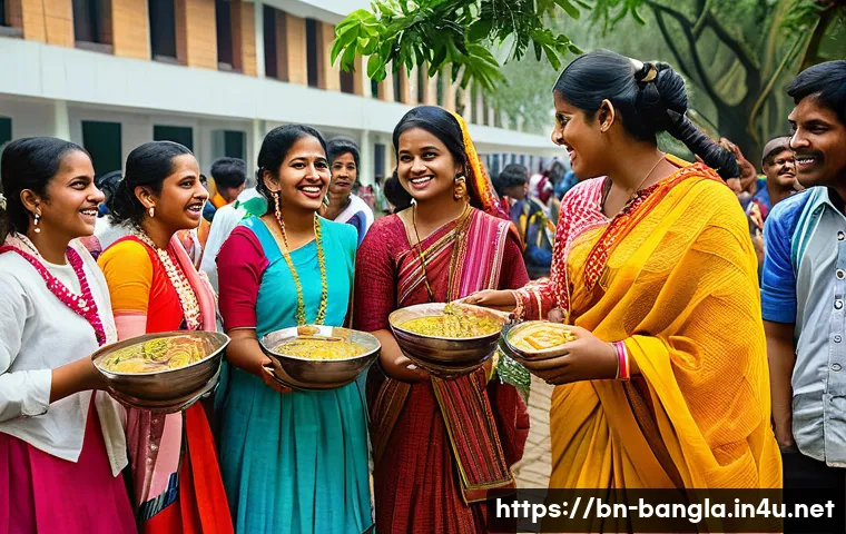 방글라데시의 유학생 생활 - A vibrant university campus scene in Bangladesh during a local cultural festival, showing diverse st...