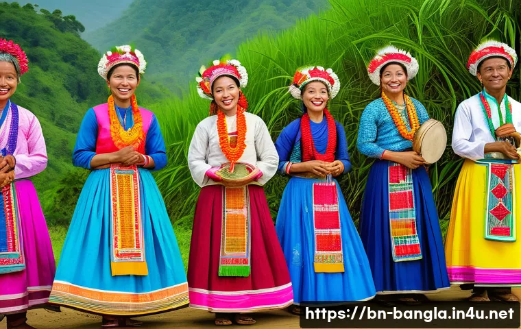 방글라데시의 민족적 차이 - A vibrant traditional festival scene in the Chittagong hill district featuring Chakma people in colo...