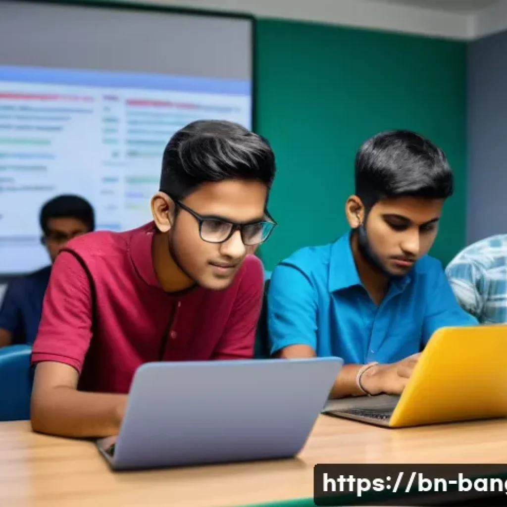 방글라데시 IT 산업 성장률 - A vibrant classroom scene in Bangladesh featuring young Bengali students attentively participating i...