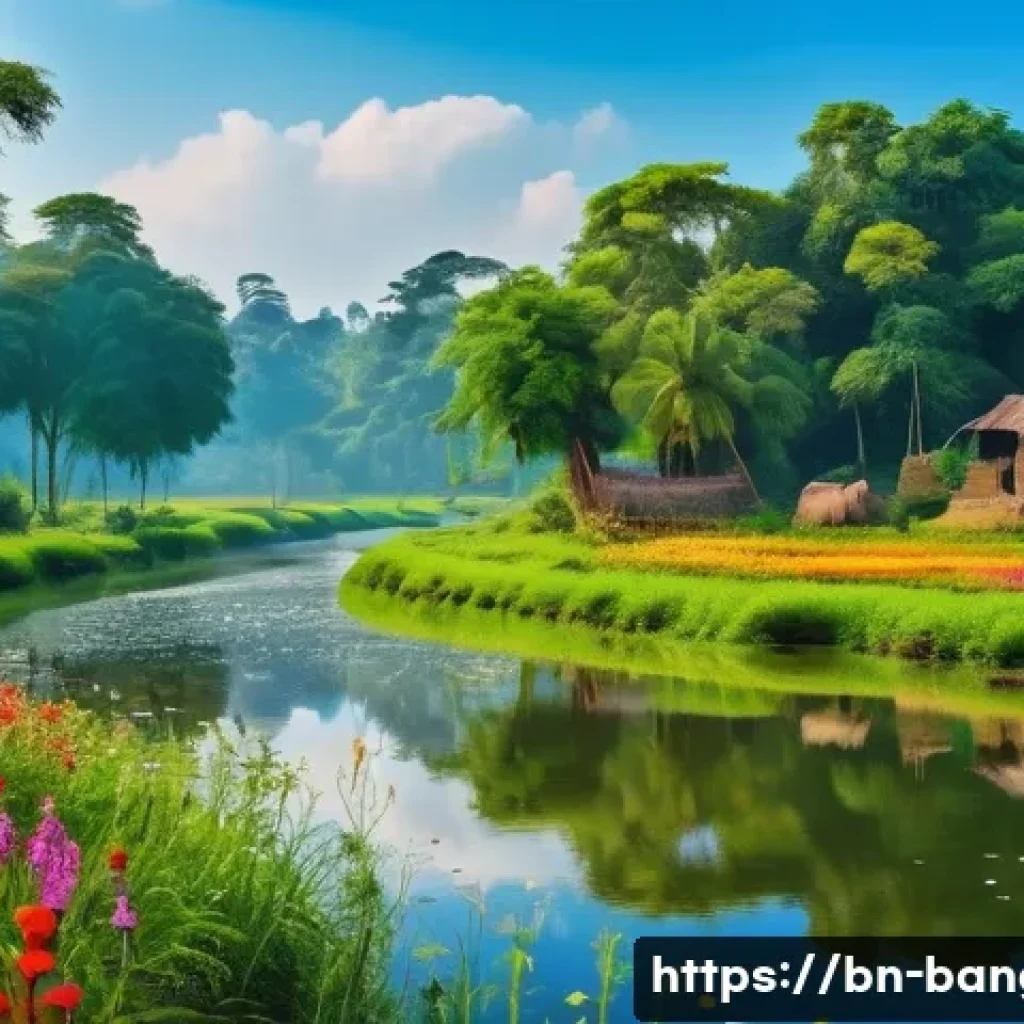 방글라데시와 인도 국경 여행 - A vibrant landscape of a border region in spring, featuring a lush green meadow dotted with colorful...