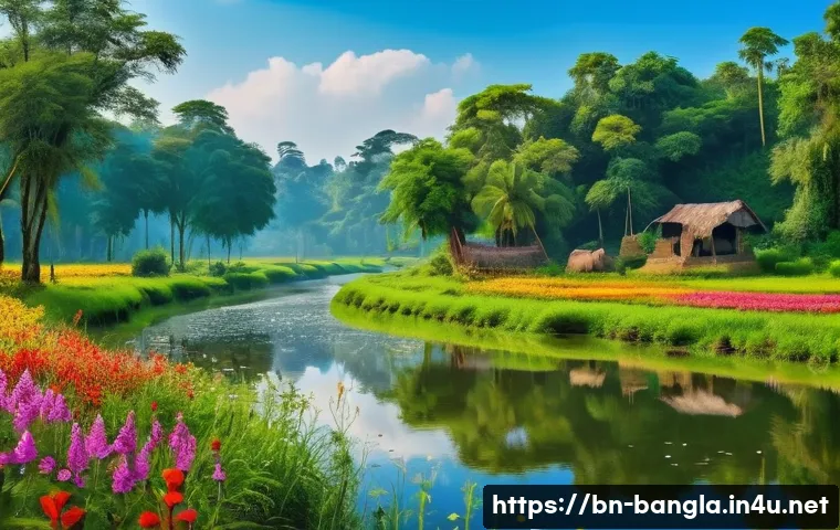 방글라데시와 인도 국경 여행 - A vibrant landscape of a border region in spring, featuring a lush green meadow dotted with colorful...