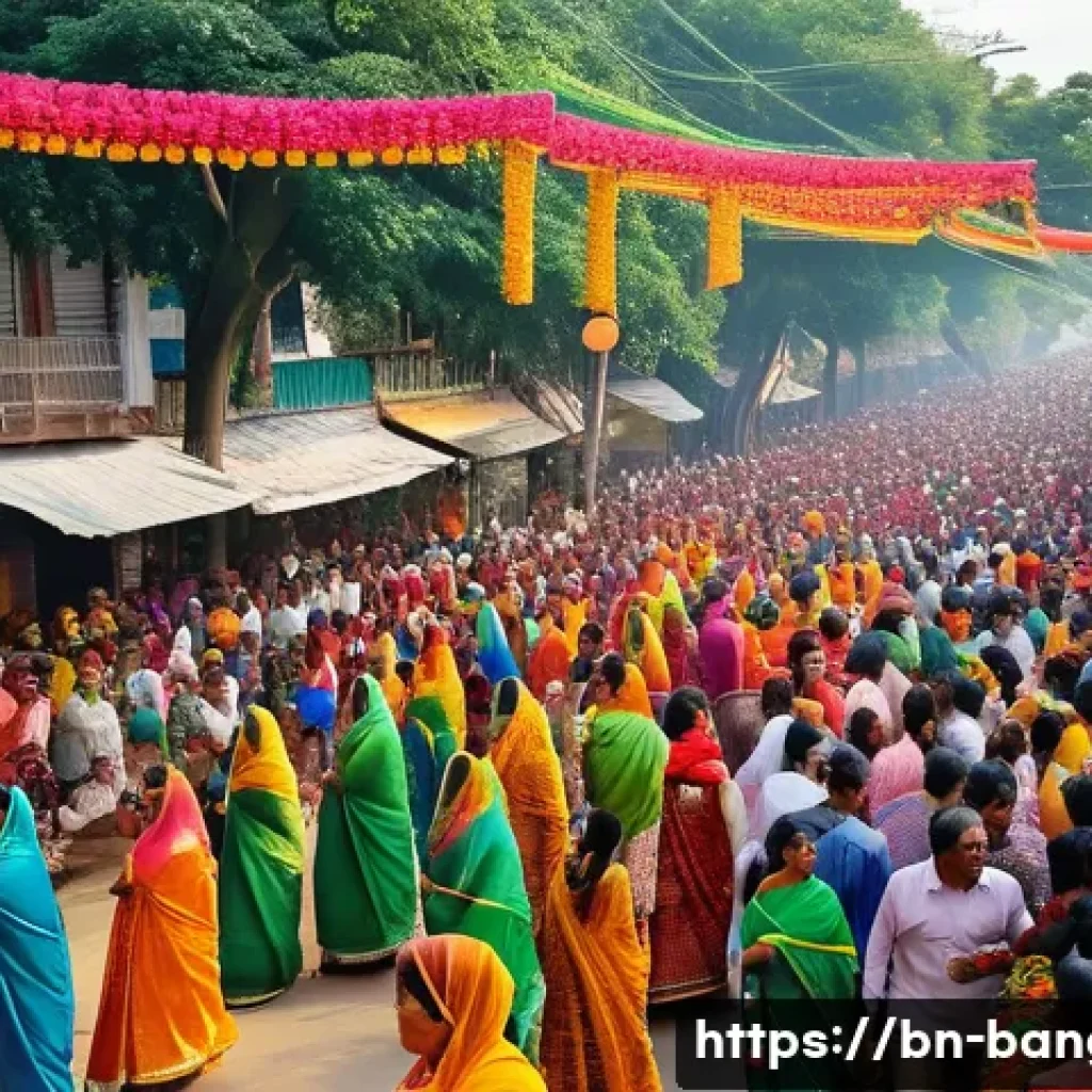 방글라데시의 생활 문화 - A vibrant scene of Pahela Baishakh festival in Dhaka, featuring a lively crowd dressed in colorful t...
