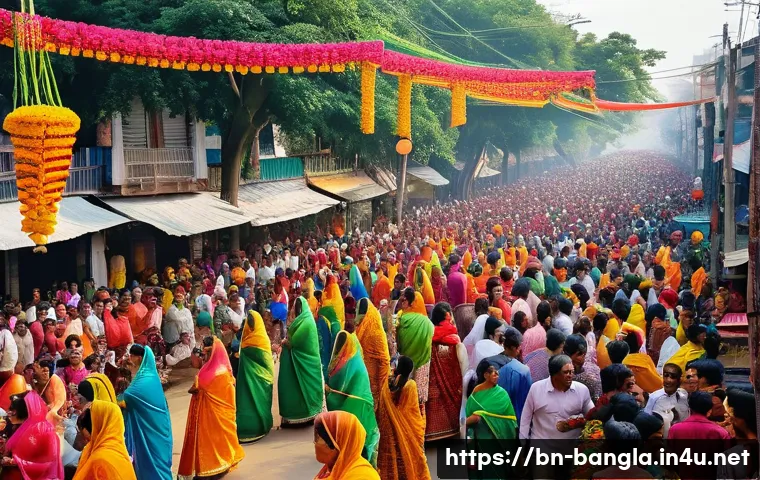 방글라데시의 생활 문화 - A vibrant scene of Pahela Baishakh festival in Dhaka, featuring a lively crowd dressed in colorful t...