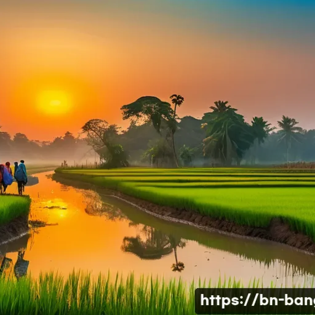 방글라데시 시골 지역 생활 - A serene rural landscape at sunrise in Bangladesh, featuring lush green paddy fields with farmers wa...