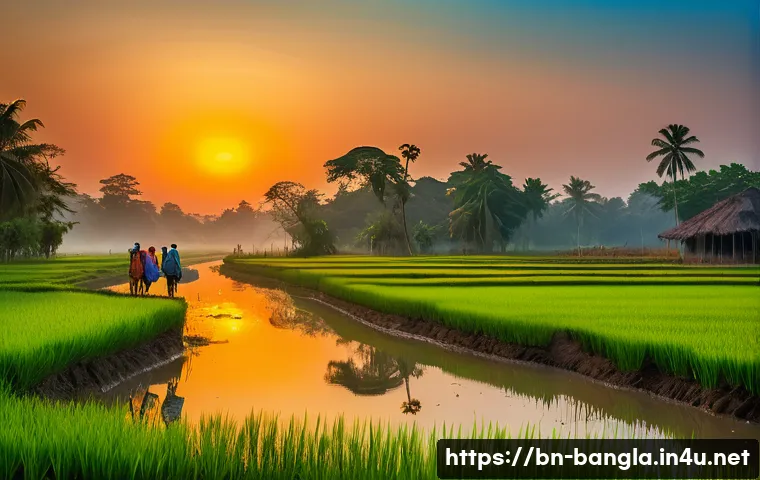 방글라데시 시골 지역 생활 - A serene rural landscape at sunrise in Bangladesh, featuring lush green paddy fields with farmers wa...