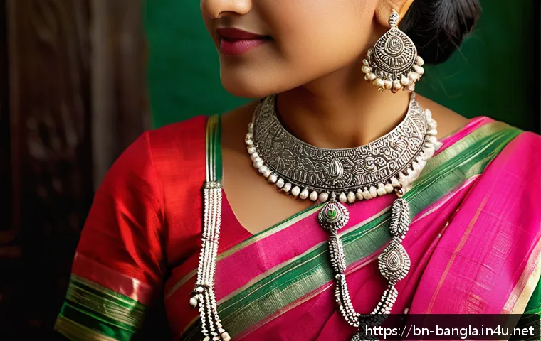 방글라데시 전통 장신구 - A close-up image of traditional Bangladeshi jewelry from the Rajshahi region, showcasing intricate f...