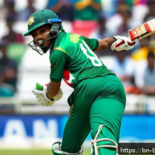 Home 33 방글라데시의 스포츠 스타 - A dynamic scene of a young Bangladeshi cricket player in action on an international stadium, wearing...