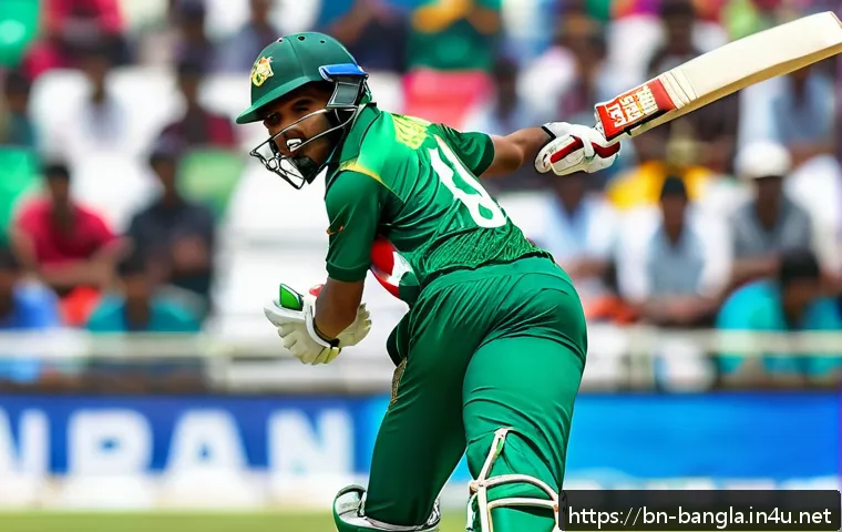 방글라데시의 스포츠 스타 - A dynamic scene of a young Bangladeshi cricket player in action on an international stadium, wearing...