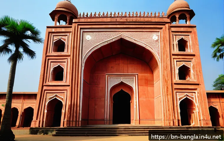 방글라데시의 이슬람 사원 - A detailed view of Lalbagh Fort Mosque in Dhaka showcasing exquisite Mughal architecture, featuring ...
