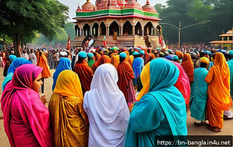 방글라데시의 종교적 다양성 - A vibrant scene at a traditional Bengali religious festival showing diverse communities&mdash;Muslims, Hin...