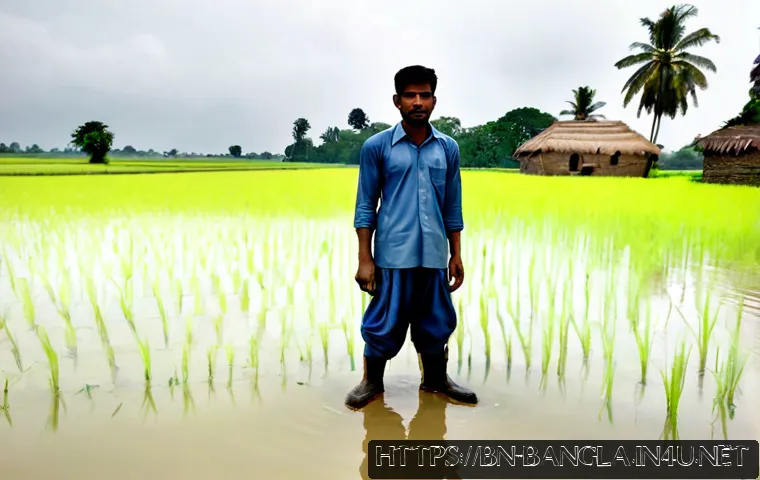 방글라데시의 농업 문제 - Photorealistic rural Bangladesh rice field suffering from seasonal flooding, a Bangladeshi farmer in...