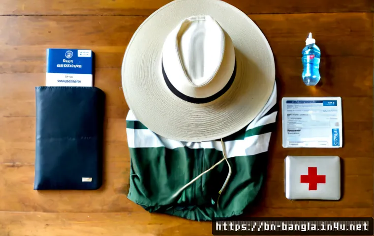 방글라데시 여행 필수 품목 - Photorealistic overhead flat lay of essential items for travel in Bangladesh: lightweight cotton clo...